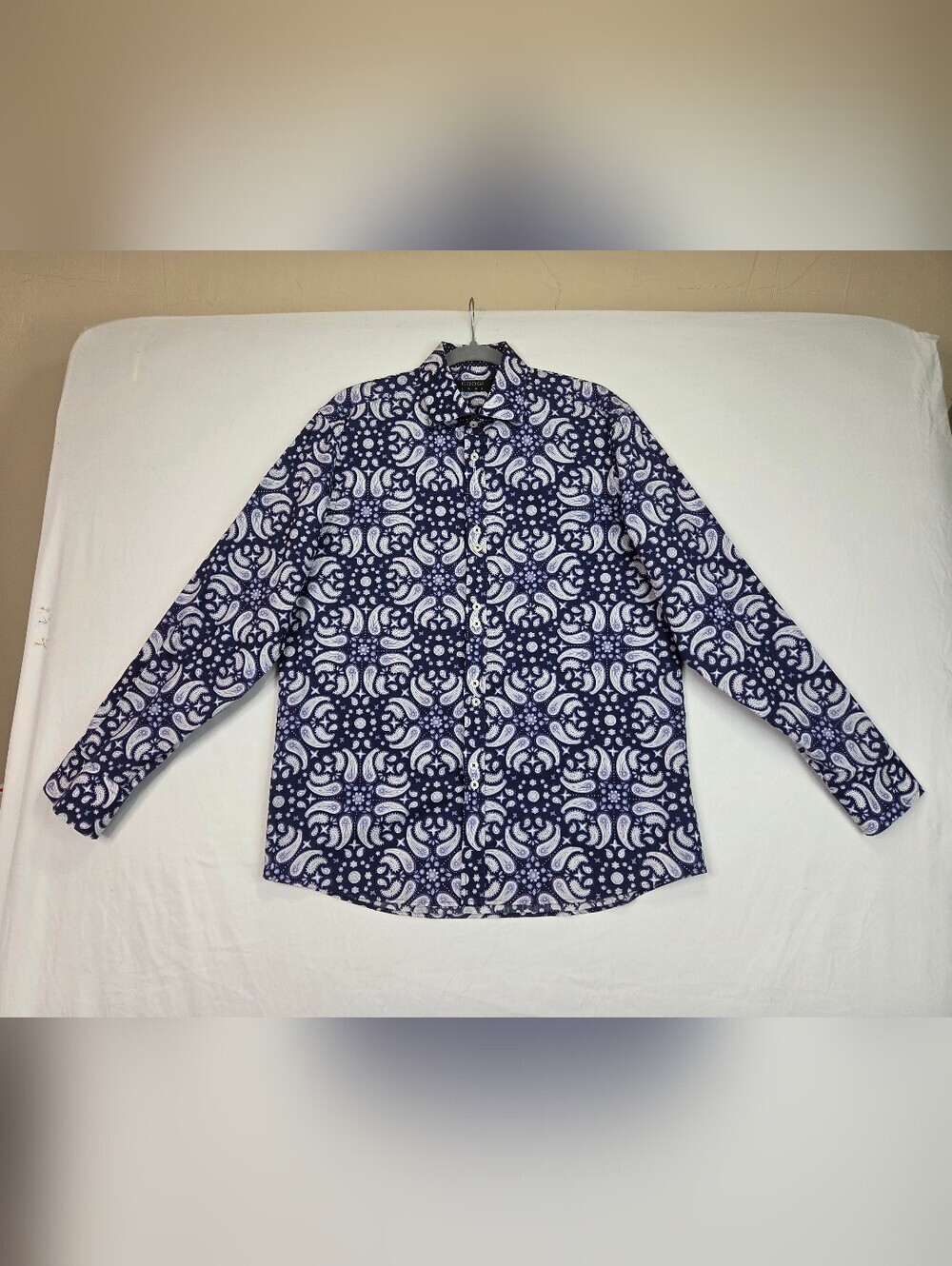 COOGI Luxe Paisley Button Front Shirt Blue White Cotton Long Sleeve Men’s L